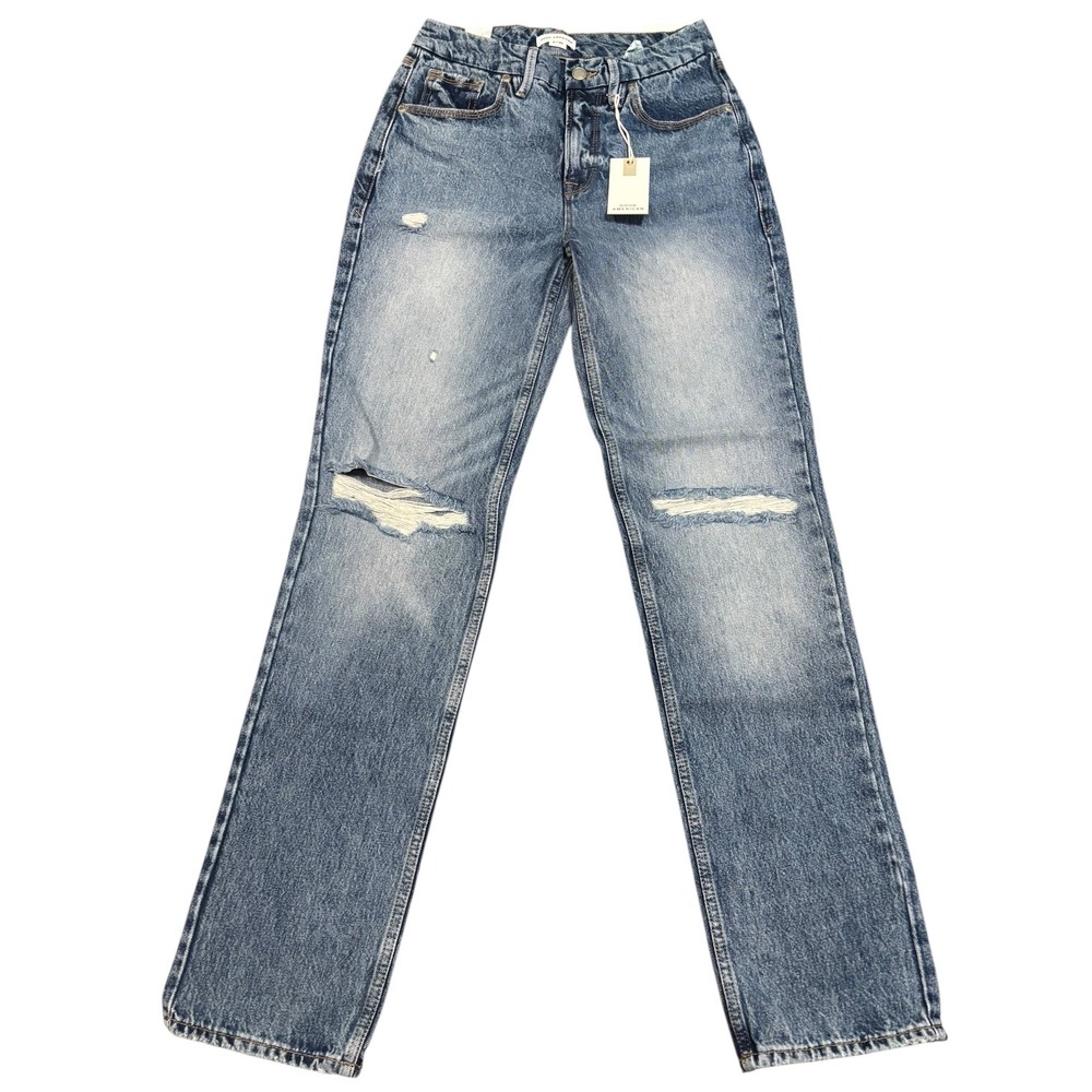 Good American High Waist Ripped Straight Leg Jeans Distressed Denim Size 2‎ NWT